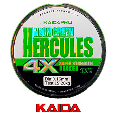 Плетеный шнур Kaida Hercules 4X 100м neon green (0,16, 15,20кг)
