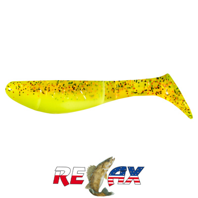 Виброхвост Relax Kopyto 3.0" Laminat (L034 chartreuse-orange, black glitter silk)