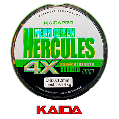 Плетеный шнур Kaida Hercules 4X 100м neon green (0,12, 9,24кг)