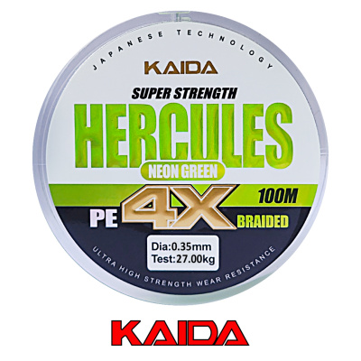 Плетёный шнур Kaida Hercules 4X 100м Neon Green (0,35, 27,00кг)